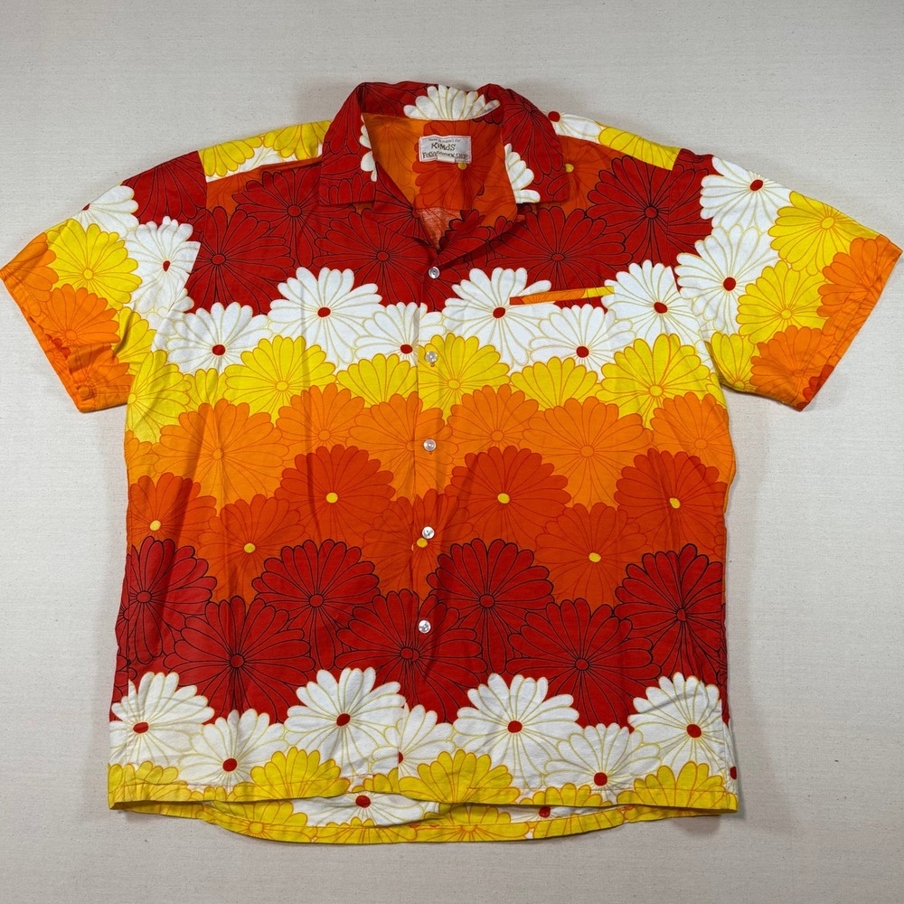 Vintage 60s Kimos Polynesian Shop Hawaiian Shirt Floral Daisy Barkcloth XL